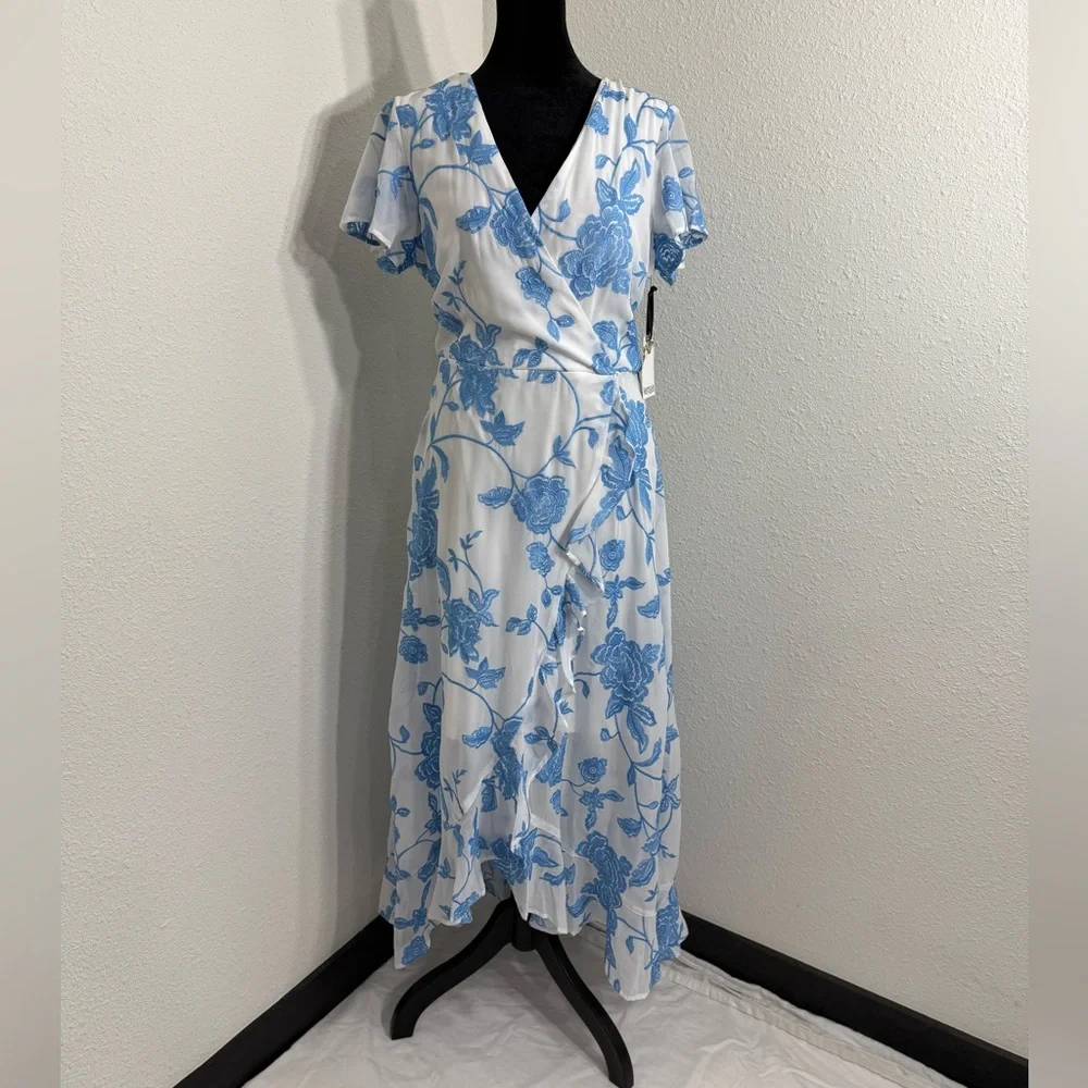Kensie Blue and White High Low Sundress with Flutter Sleeves - Picture 1 of 11